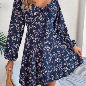 Women's Casual Sexy Tie Waist Square Neck Floral Print Long Sleeve A-Line Dress