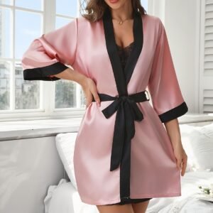 Womens Faux Silk Bathrobe And Pajama Two-Piece Set