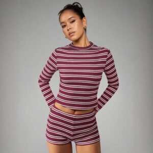 Stylish Slim-fit Two-piece Set Featuring A Halter Top With Patchwork Stripes And Matching Shorts