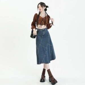 Long Skirt High Waist Denim Skirt Cross Skirt For Women