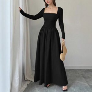 Womens Early Autumn Mock Two-Piece Square-Neck Long-Sleeve Dress
