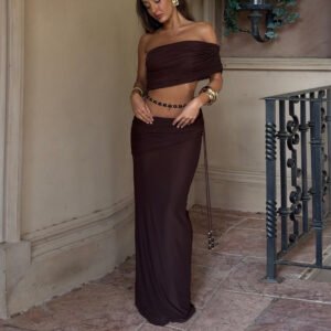 Sexy Pleated Midriff-Baring Tank Top And Skirt Set