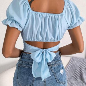 Women  Casual Short Sleeve Tie Waist Chiffon Crop Top