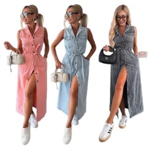 Sleeveless Long Tie Waist Single-breasted Denim Dress