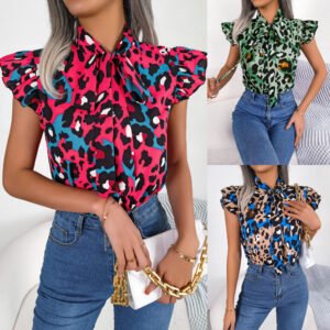 Casual Leopard-Print Ruffle-Trim Lace-Up Chiffon Top