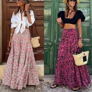 Womens Creative Loose Print Long Swing Skirt