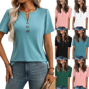 Top Solid Color Button Fashion Short Sleeve T-shirt Women