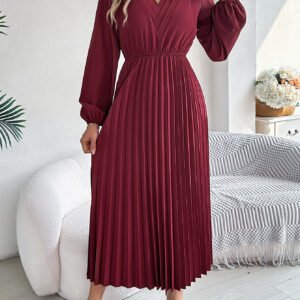 Women's Elegant Triple V Neck Long Sleeve Tie Waist Pleated Maxi Dress