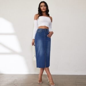 Womens High-Waisted Denim Skirt With A Front Slit And Long Length