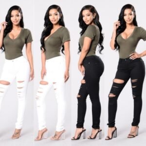 New casual sexy jeans woman cotton denim trousers slim mid waist ripped holes pencil pants cowboy jeans femme