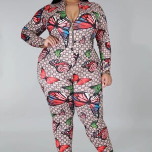 European and American Plus Size Fat Woman Stretch Digital Print Jumpsuit