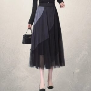 Mesh Stitching Bust Pink Pleated Long Skirt