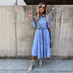 Spring Ladies Denim Casual High Waist Pocket Lapel Dress