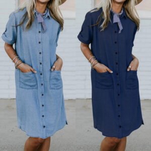 New Women's Solid Color Denim Pocket Denim Dress