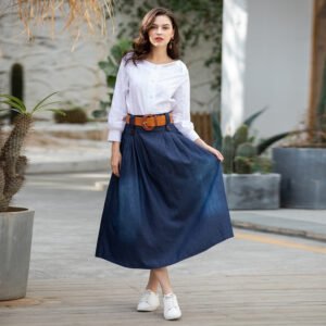 Thin Elastic Waist Denim Long Skirt