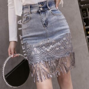 Sequin embroidery stitching denim skirt