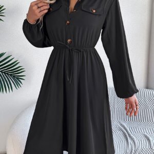 Women  Casual Button Tie Waist Long Sleeve Shirt Dress
