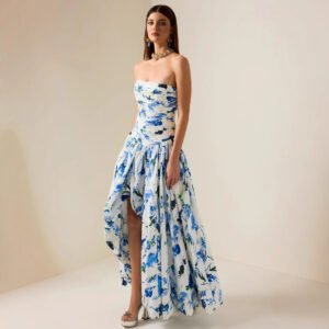Ruched Waistline Tube Dress With A Floral Print Maxi Skirt