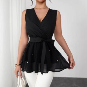 Women's New Lace-Up Beaded V-Neck Sleeveless Tank Top