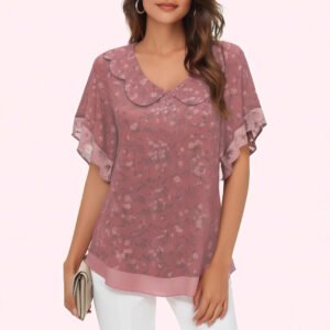 Women's Stringy Selvedge Round Neck Ultra-thin Chiffon Printed Short-sleeved Shirt