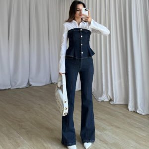 New Womens Navy Blue Off-Shoulder Denim Slimming Pants Two-Piece Set