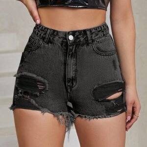 Womens Casual High-waisted Raw-edge Ripped Denim Shorts