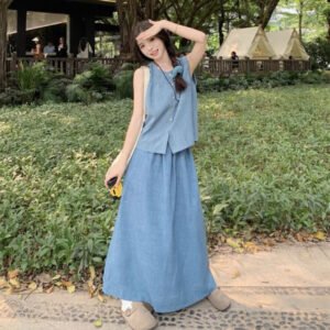 New Summer Sleeveless Ice Silk Denim Blue Vest Skirt Two-piece Set For Women