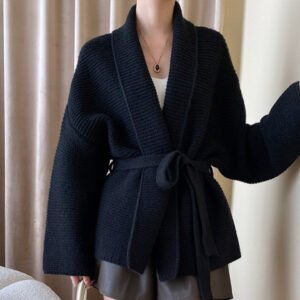 Womens Lace-Up Defined-Waist Relaxed-Fit Sweater Coat