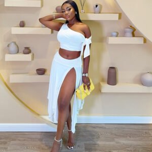 Womens Dress Set Sleeveless One-Shoulder Top With Flutter Sleeves And A Slit Skirt