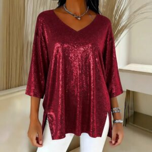 Womens Solid-Colored Loose V-Neck Cropped-Sleeve Split Top