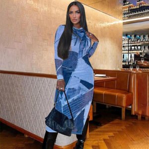Women's Fashion Casual Denim Printing Round Neck Long Sleeve Slim Dress