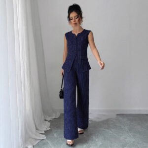 Casual Striped Short Style Lapel Suit Straight-leg Pants Suit