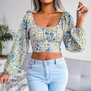 Women  Lantern Sleeve Bow Floral Print Vacation Style Chiffon Crop Top