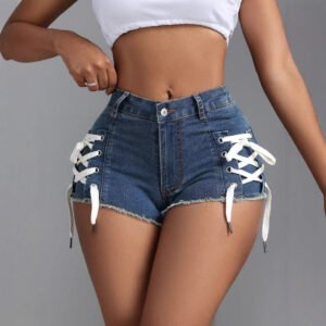Womens Stylish Slim-Fit Personalized Elastic Denim Shorts With Ties