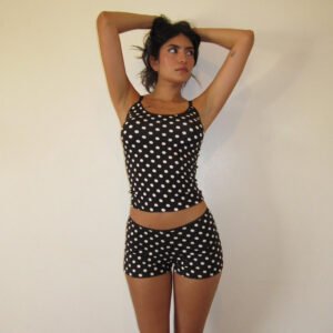 Polka Dot Print Contrast Color Lace Basic Style Midriff-baring Small Sling High Waist Shorts Sexy Casual Suit