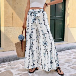 Womens Striped Printed Wide-Leg Pants With Ties