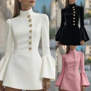 Solid Color Stand-up Collar Flared Sleeves Business Suit And Dress