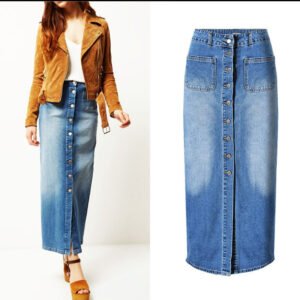 High Waist Split Long Washed Denim Skirt