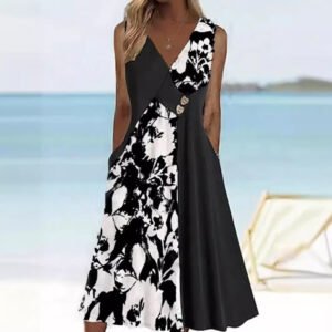 V-neck Sleeveless Black And White Women's Clothing Dress