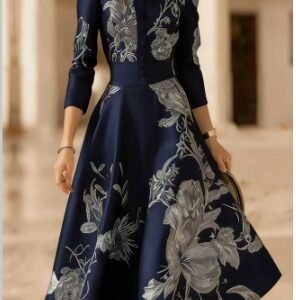 Navy Blue A-line Skirt With A Silver Flower Pattern On The Lapel And A Cinched Waist