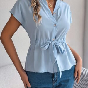 Women   Casual Solid Color Button Drawstring Short Sleeve Shirt Top