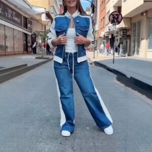 Women's Fashion Denim Stitching Long-sleeve Zipper Two-piece Set