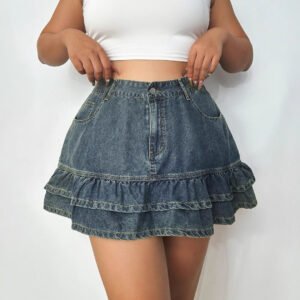 Womens Flounced A-Line High-Waist Denim Skirt