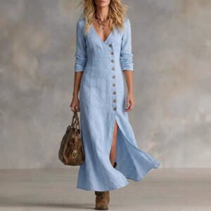 Fashionable Casual Cotton-Linen Long-Sleeve Womens Dress