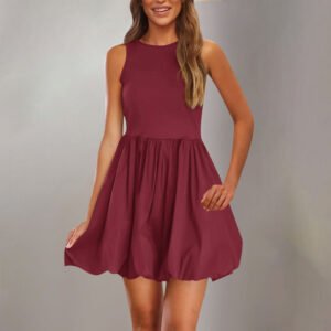 Round-neck Puffy Skirt Solid-color Ruffled Hem Zip-detail Sleeveless Dress
