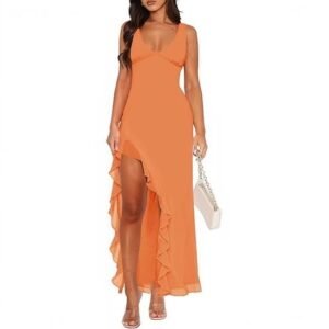 V-neck Hemline Dress Sleeveless Womens Clothing With A Letter-print Ruffled Trim