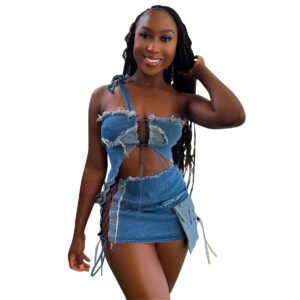 Denim Two-piece Suit Chest-wrapped Lace-up Halter Pocket Top