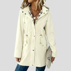 Ladies Hooded Drawstring Nipped-waist Plaid Coat