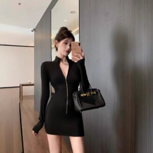 American-style Spicy Girl Stand-up Collar Long-sleeve Dress