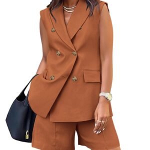 Women Fashion Solid Color Double-Breasted Blazer Sleeveless Two-piece Set